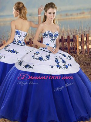 Royal Blue Lace Up Quince Ball Gowns Embroidery Sleeveless Floor Length