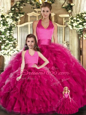 Fuchsia Quinceanera Gowns Sweet 16 and Quinceanera with Ruffles Halter Top Sleeveless Lace Up
