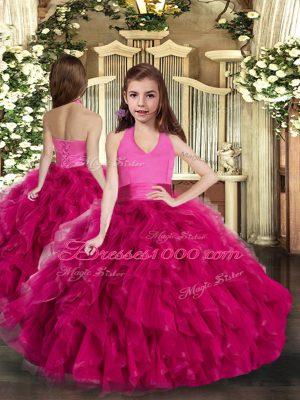 Fuchsia Quinceanera Gowns Sweet 16 and Quinceanera with Ruffles Halter Top Sleeveless Lace Up