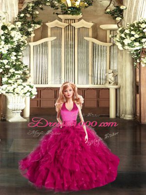 Fuchsia Quinceanera Gowns Sweet 16 and Quinceanera with Ruffles Halter Top Sleeveless Lace Up