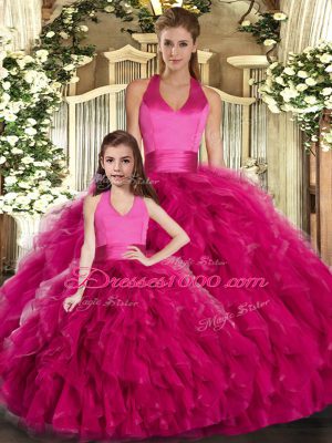 Fuchsia Quinceanera Gowns Sweet 16 and Quinceanera with Ruffles Halter Top Sleeveless Lace Up