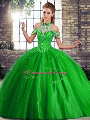 Colorful Green Tulle Lace Up Halter Top Sleeveless 15th Birthday Dress Brush Train Beading