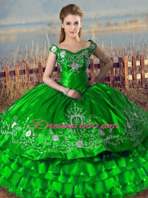 Ideal Green Satin Lace Up Off The Shoulder Sleeveless Floor Length Quinceanera Dresses Embroidery and Ruffled Layers