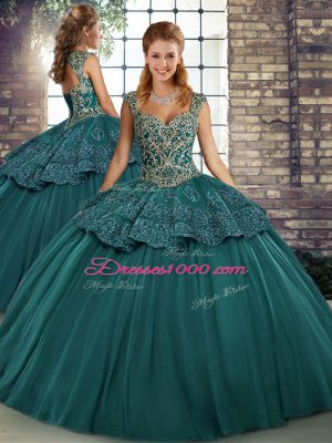 Decent Sleeveless Tulle Floor Length Lace Up Vestidos de Quinceanera in Green with Beading and Appliques
