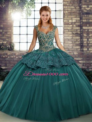Decent Sleeveless Tulle Floor Length Lace Up Vestidos de Quinceanera in Green with Beading and Appliques