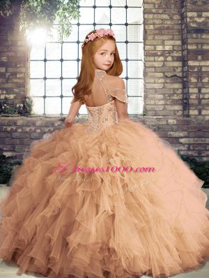 Stunning Lace Up High-neck Beading and Ruffles Little Girl Pageant Gowns Tulle Sleeveless