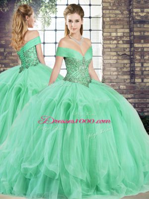 Flare Apple Green Ball Gowns Tulle Off The Shoulder Sleeveless Beading and Ruffles Floor Length Lace Up Vestidos de Quinceanera