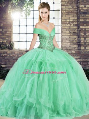 Flare Apple Green Ball Gowns Tulle Off The Shoulder Sleeveless Beading and Ruffles Floor Length Lace Up Vestidos de Quinceanera