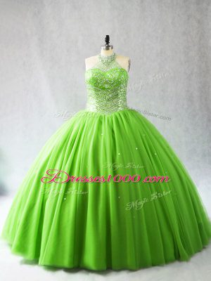 Free and Easy Halter Top Sleeveless Tulle Quinceanera Gown Beading Court Train Lace Up