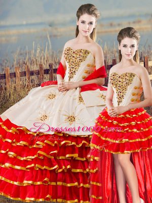 Modest Ball Gowns 15 Quinceanera Dress White And Red Sweetheart Sleeveless Floor Length Lace Up