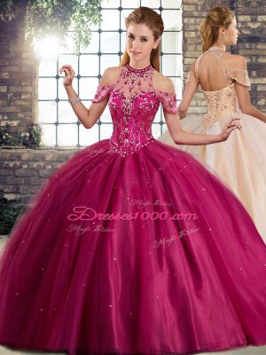 Halter Top Sleeveless Quinceanera Gowns Brush Train Beading Fuchsia Tulle