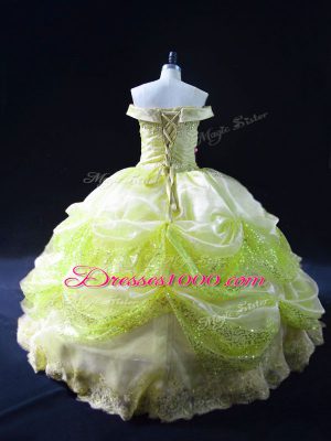 Yellow Green Organza Lace Up Sweet 16 Dresses Sleeveless Floor Length Lace and Sequins