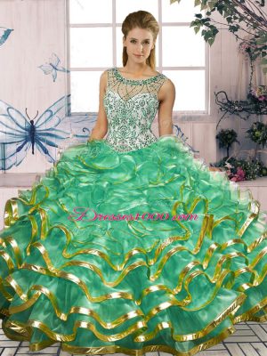 Designer Floor Length Turquoise 15th Birthday Dress Scoop Sleeveless Lace Up