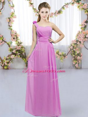 Lilac Empire One Shoulder Sleeveless Chiffon Floor Length Lace Up Hand Made Flower Bridesmaid Dresses