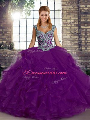 Purple Straps Lace Up Beading and Ruffles Quinceanera Dresses Sleeveless
