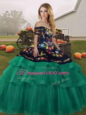 Tulle Off The Shoulder Sleeveless Brush Train Lace Up Embroidery and Ruffled Layers Ball Gown Prom Dress in Green