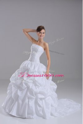 Strapless Sleeveless Taffeta Wedding Dress Lace and Pick Ups Brush Train Lace Up