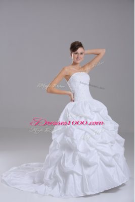 Strapless Sleeveless Taffeta Wedding Dress Lace and Pick Ups Brush Train Lace Up