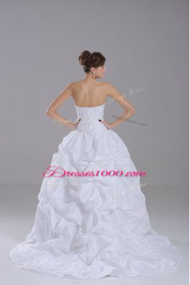 Strapless Sleeveless Taffeta Wedding Dress Lace and Pick Ups Brush Train Lace Up