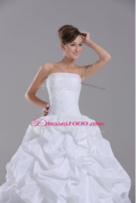 Strapless Sleeveless Taffeta Wedding Dress Lace and Pick Ups Brush Train Lace Up