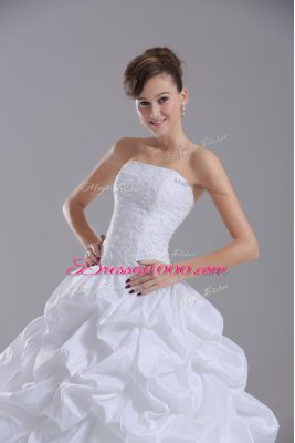 Strapless Sleeveless Taffeta Wedding Dress Lace and Pick Ups Brush Train Lace Up