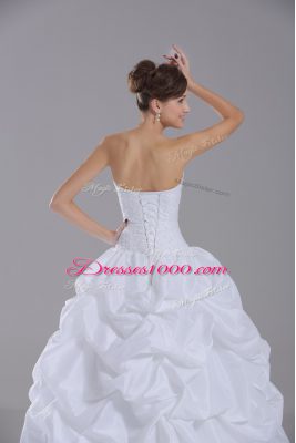 Strapless Sleeveless Taffeta Wedding Dress Lace and Pick Ups Brush Train Lace Up