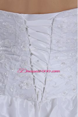 Strapless Sleeveless Taffeta Wedding Dress Lace and Pick Ups Brush Train Lace Up