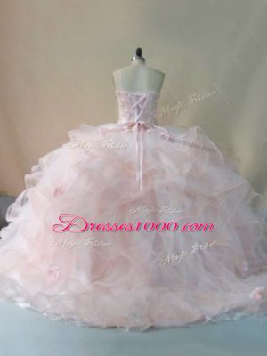 Pink Ball Gowns Beading and Ruffles and Hand Made Flower 15th Birthday Dress Lace Up Tulle Sleeveless