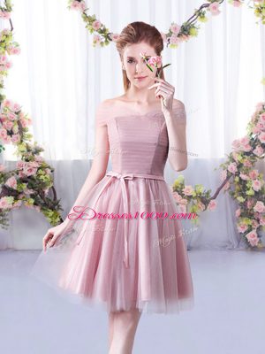 Pink Off The Shoulder Lace Up Belt Quinceanera Court of Honor Dress Sleeveless