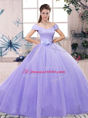 Decent Floor Length Lavender Quince Ball Gowns Off The Shoulder Short Sleeves Lace Up