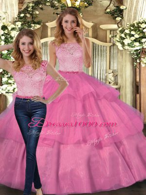 Adorable Floor Length Hot Pink Quinceanera Dresses Scoop Sleeveless Lace Up