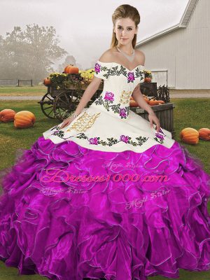 Fashion Floor Length White And Purple Quinceanera Gown Organza Sleeveless Embroidery and Ruffles