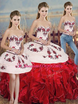 Eye-catching White And Red Three Pieces Sweetheart Sleeveless Organza Floor Length Lace Up Embroidery and Ruffles and Bowknot Quinceanera Dresses