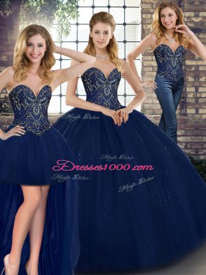 Top Selling Navy Blue Three Pieces Beading Quinceanera Gowns Lace Up Tulle Sleeveless Floor Length