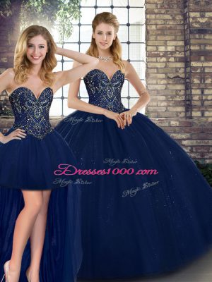 Top Selling Navy Blue Three Pieces Beading Quinceanera Gowns Lace Up Tulle Sleeveless Floor Length