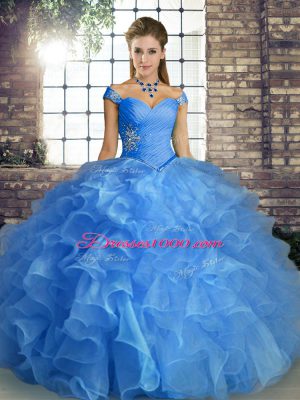 Elegant Blue Ball Gowns Beading and Ruffles Quinceanera Gowns Lace Up Organza Sleeveless Floor Length