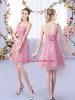 Chic One Shoulder Sleeveless Wedding Guest Dresses Mini Length Appliques and Belt Pink Tulle