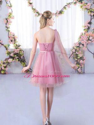 Chic One Shoulder Sleeveless Wedding Guest Dresses Mini Length Appliques and Belt Pink Tulle