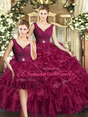 Great Ruffles 15 Quinceanera Dress Burgundy Backless Sleeveless Floor Length