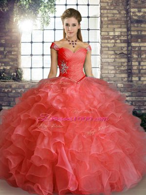 Gorgeous Watermelon Red Lace Up Off The Shoulder Beading and Ruffles Quinceanera Gowns Organza Sleeveless