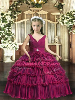 Fuchsia V-neck Backless Beading and Ruffled Layers Little Girls Pageant Dress Sleeveless