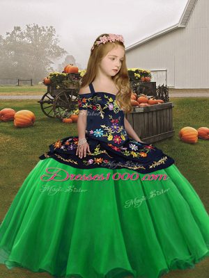 Admirable Green Organza Lace Up Straps Sleeveless High Low Pageant Gowns For Girls Embroidery