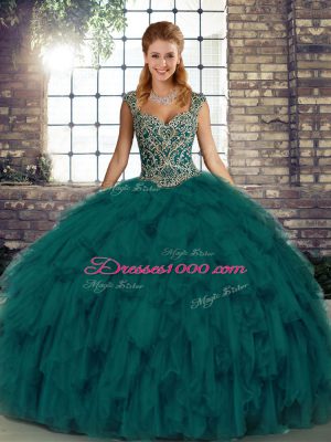 High Class Peacock Green Ball Gowns Straps Sleeveless Organza Floor Length Lace Up Beading and Ruffles Quinceanera Dresses