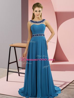 Blue Sleeveless Chiffon Brush Train Zipper Prom Evening Gown for Prom and Party