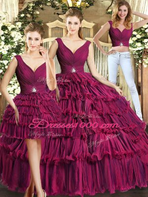 Sleeveless Organza Floor Length Backless Quinceanera Dress in Burgundy with Ruffled Layers