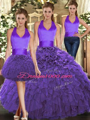 Edgy Purple Organza Lace Up Quinceanera Dresses Sleeveless Floor Length Ruffles