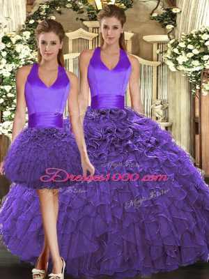 Edgy Purple Organza Lace Up Quinceanera Dresses Sleeveless Floor Length Ruffles