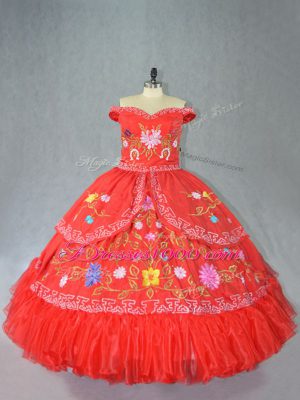 Fancy Off The Shoulder Sleeveless Lace Up Sweet 16 Dress Red Satin