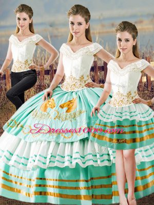 High End Apple Green Satin Lace Up V-neck Sleeveless Floor Length Vestidos de Quinceanera Embroidery and Ruffled Layers