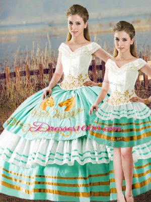 High End Apple Green Satin Lace Up V-neck Sleeveless Floor Length Vestidos de Quinceanera Embroidery and Ruffled Layers